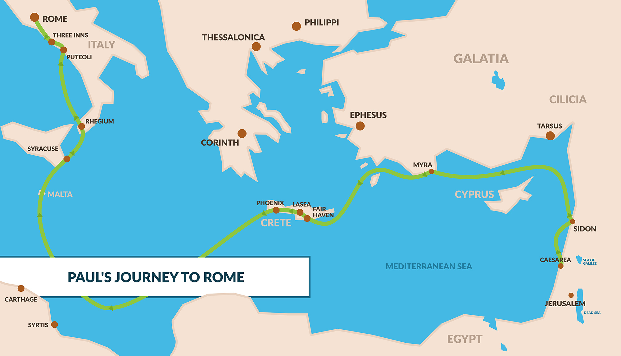 paul's travel to rome map